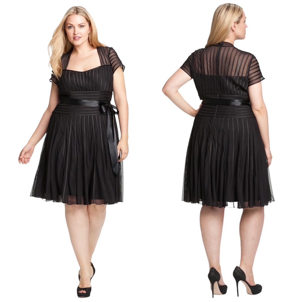 JS Collections Satin-Ribbon Stripes Airy Mesh Black Midi Dress with Sash Size 14